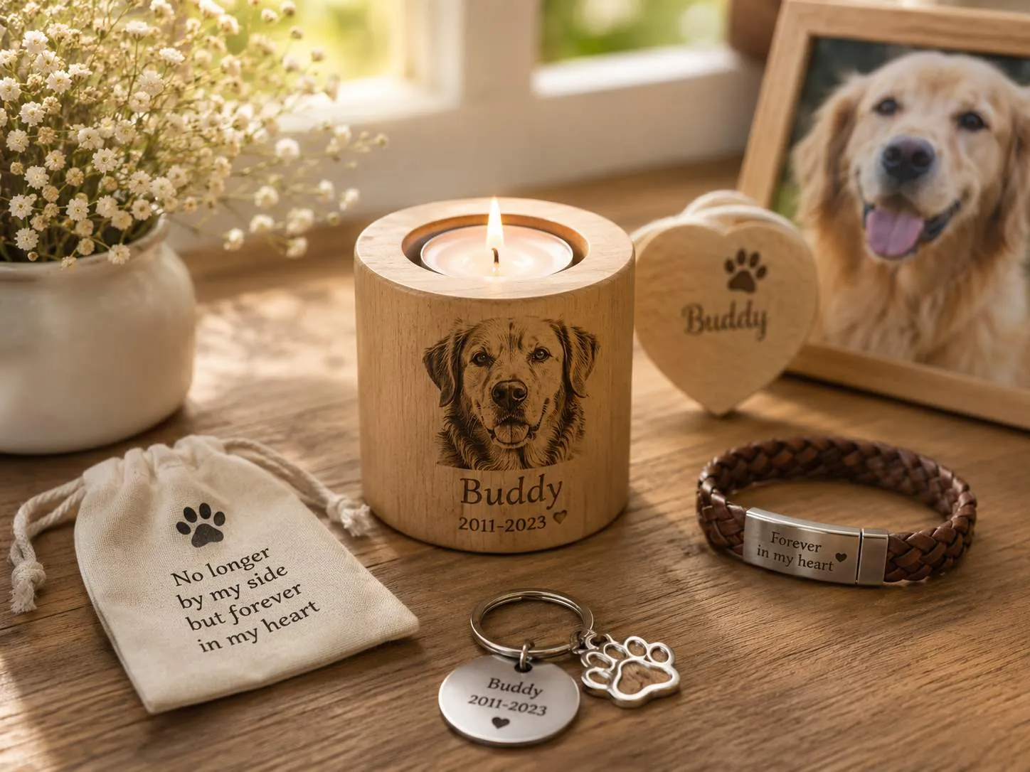 Custom pet memorial gifts and heartfelt loss keepsakes to honor a beloved pet.